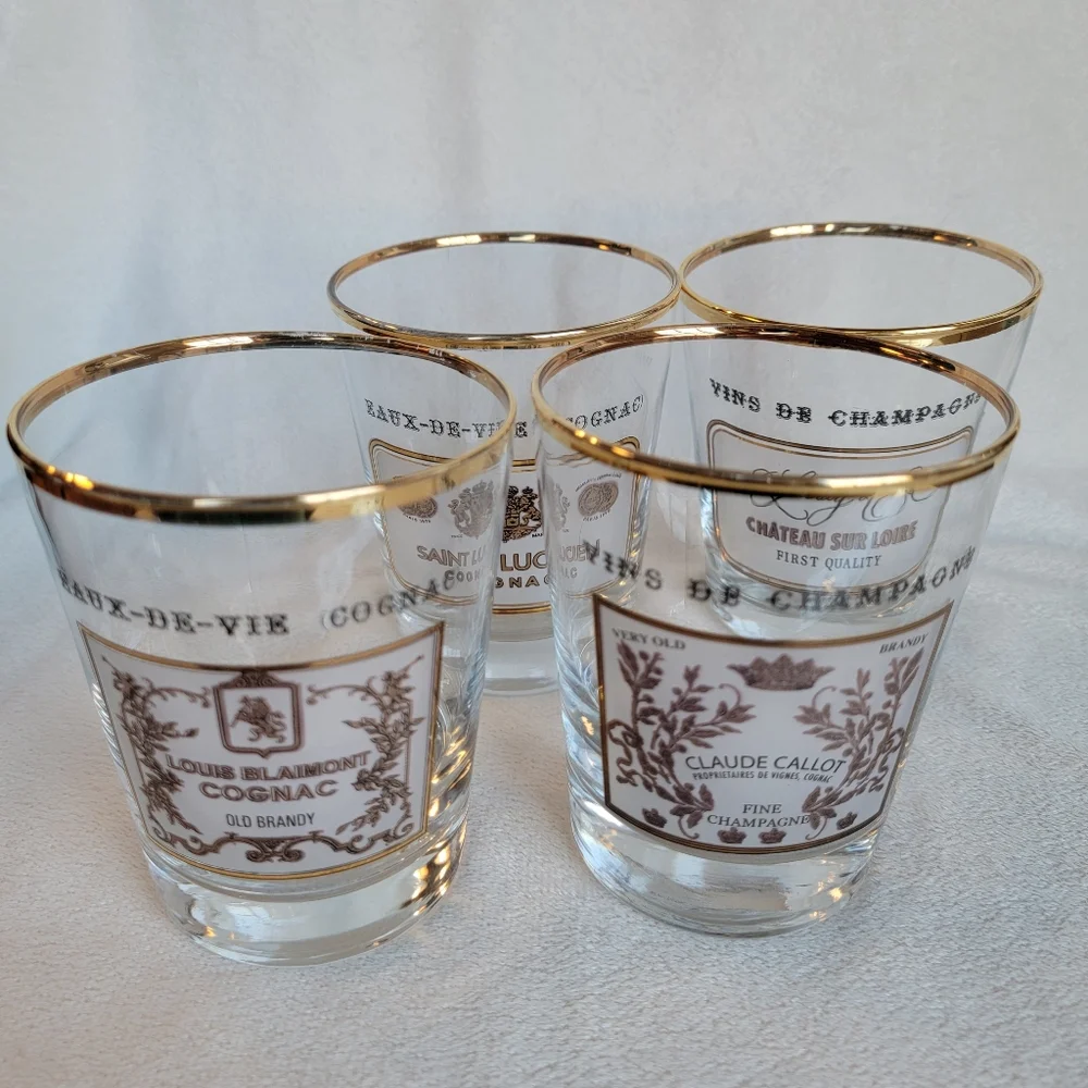 Williams Sonoma 4 Vintage Double Old Fashioned Glasses Gold Rim Cognac Champagne